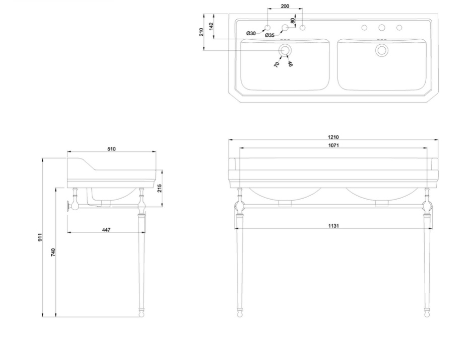 Раковина 120 см двойная Burlington Edwardian B21 1TH+T51 GOLD на 1 или 3 отверcтия с золотым подстольем- фото2
