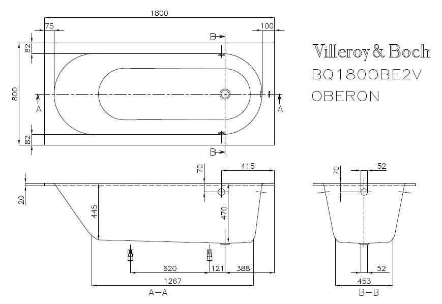 Ванна квариловая Villeroy&Boch Oberon 180x80 UBQ180OBE2V-96 с ножками, без отв, перелива, старвайт