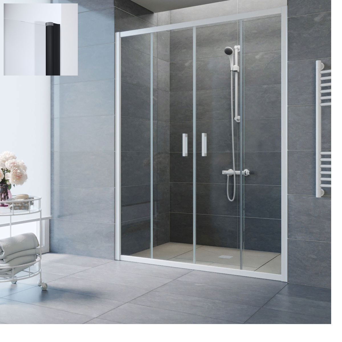 Душевое ограждение в проем Vegas Z2P 160 черный мат/глянец профиль/прозрачное стекло- фото