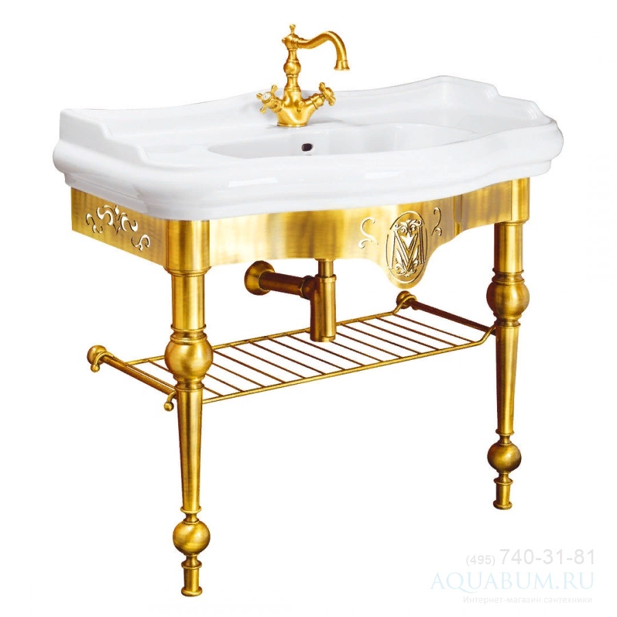 BELLA РАКОВИНА КОНСОЛЬ 100 СМ НАПОЛЬНАЯ С РЕШЕТКОЙ, БЕЛАЯ КЕРАМИКА бронза- фото