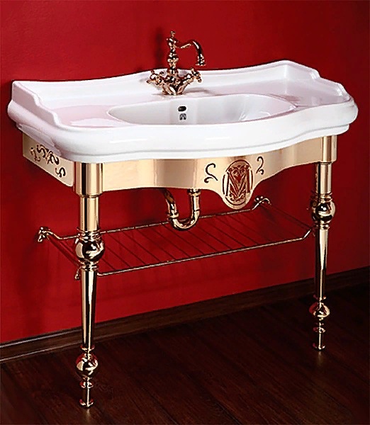BELLA РАКОВИНА КОНСОЛЬ 100 СМ НАПОЛЬНАЯ С РЕШЕТКОЙ, БЕЛАЯ КЕРАМИКА золото- фото