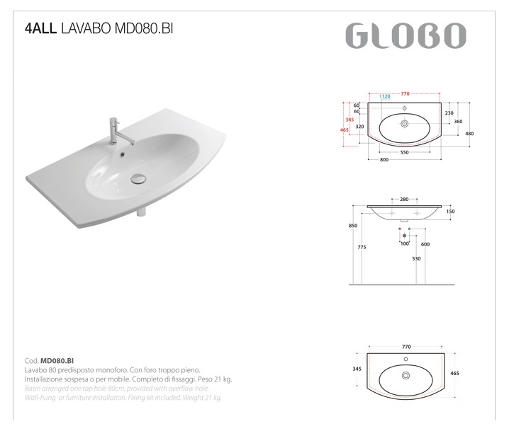 Раковина подвесная/встраиваемая 80x48 Globo 4ALL MD80.BI 