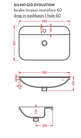 Artceram Gio Evolution Раковина встраиваемая 60х37 см, с 1 отв под смеситель, с переливом, цвет белый- фото3