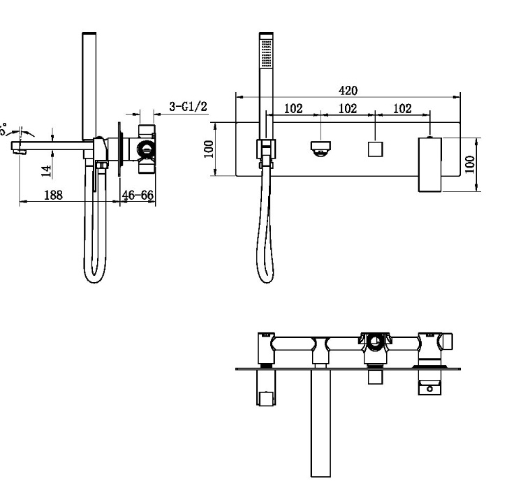 Смеситель для ванны встраиваемый с душ набором Boheme Qubic Chrome 474-2-CR- фото2