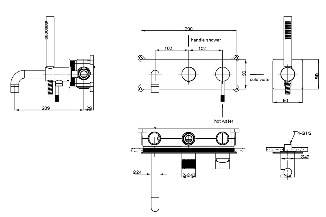 Смеситель встроенный + ручной душ + излив Boheme Uno 464-3-CR, хром- фото2