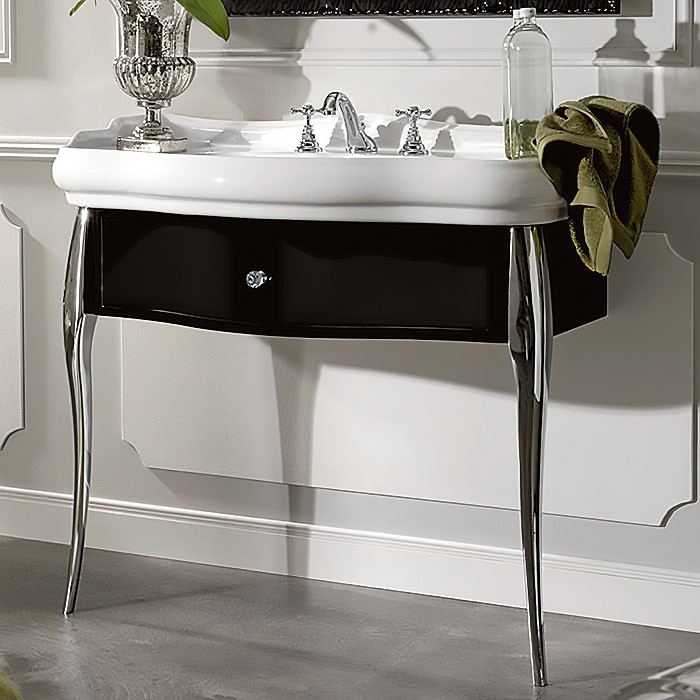KERASAN Retro Комплект мебели 100 см, цвет: черный глянец, ножки: хром, ручки: кристалл/кольцо-хром