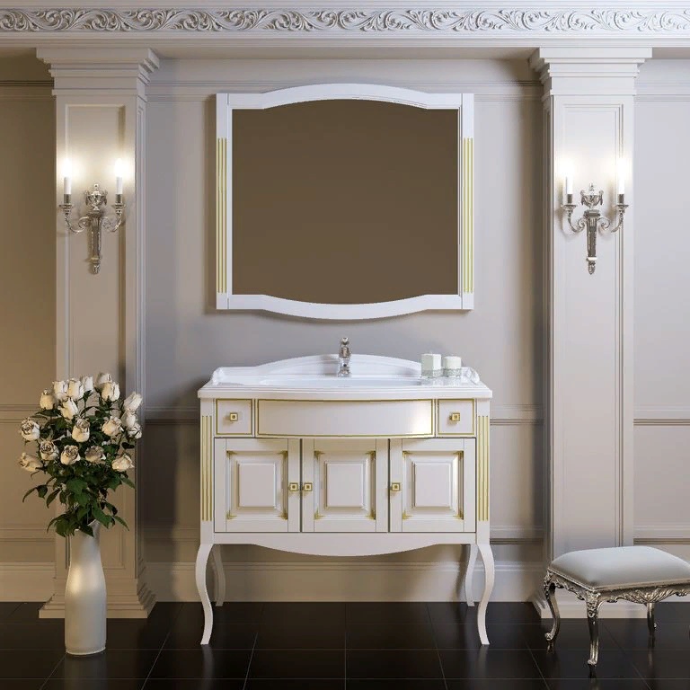 Мебель для ванной комнаты Opadiris ЛАУРА 100 БЕЛЫЙ матовый С БЕЖЕВОЙ ПАТИНОЙ (РАКОВИНА ИЗ ЛИТЬЕВОГО МРАМОРА)
