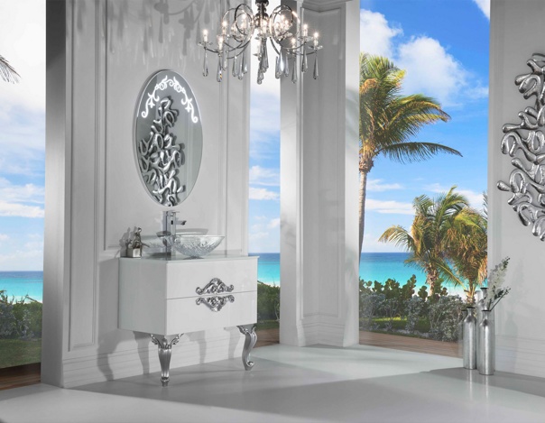 Мебель для ванной Antonio Valanti NeoArt Раковина хрустальная с белой тумбой и с зеркалом