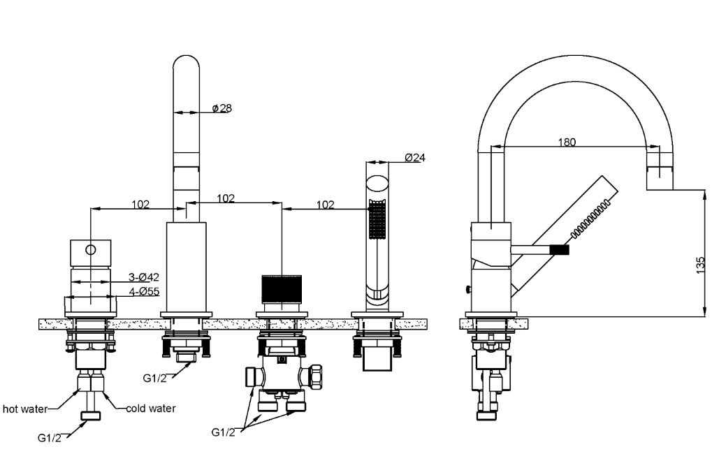 Смеситель врезной на борт (край) ванны Boheme Uno 460-CR, хром- фото2