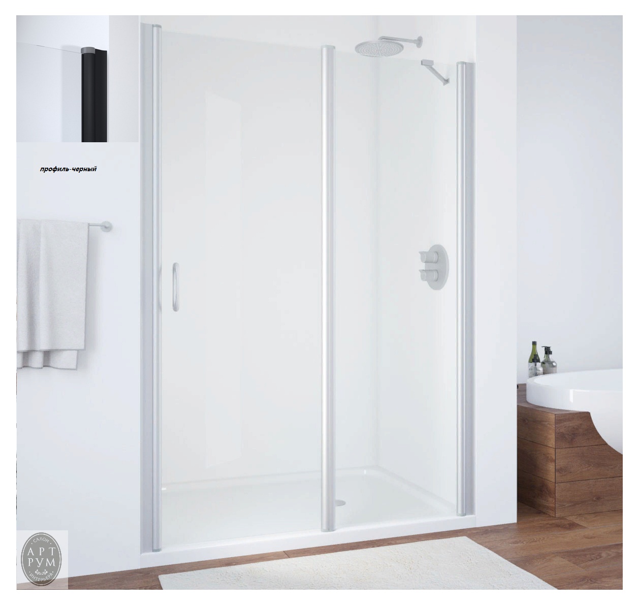Душевое ограждение в проем Vegas EP-F-1 100 черный мат/глянец профиль/прозрачное стекло- фото