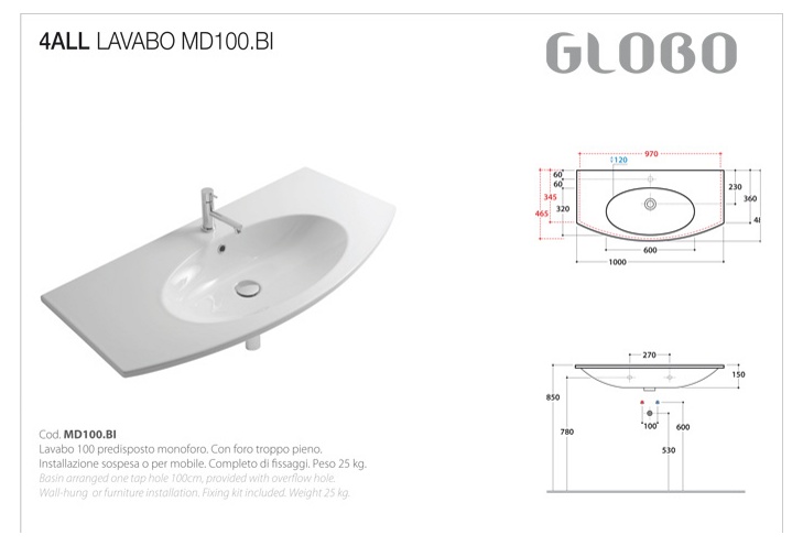 Раковина подвесная/встраиваемая 100x48 Globo 4ALL MD100.BI 