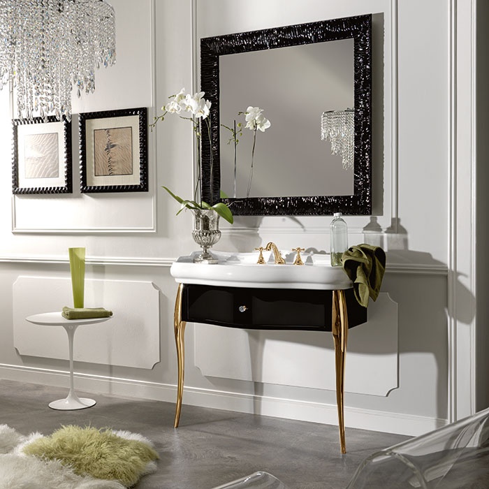 KERASAN Retro Комплект мебели 100 см, цвет: черный глянец, ножки: золото, ручки: кристалл/кольцо-золото