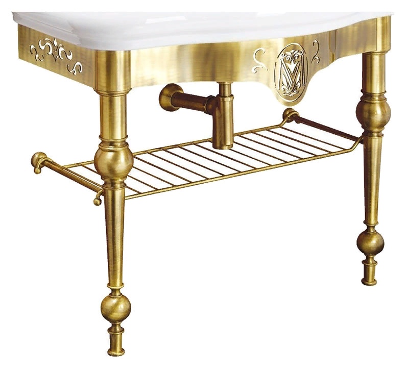 BELLA РАКОВИНА КОНСОЛЬ 100 СМ НАПОЛЬНАЯ С РЕШЕТКОЙ, БЕЛАЯ КЕРАМИКА бронза- фото3