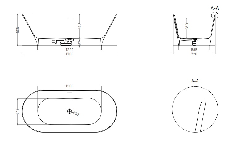 Ванна из камня Salini Mona 1700 х 720х 585 S-Sense глянцевая- фото6