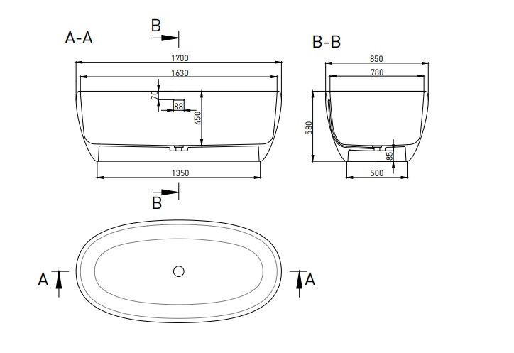 Ванна из камня Salini Luce 1700х850х580мм S-Stone матовая- фото4