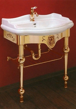 BELLA РАКОВИНА КОНСОЛЬ 73 СМ НАПОЛЬНАЯ С РЕШЕТКОЙ, БЕЛАЯ КЕРАМИКА золото- фото