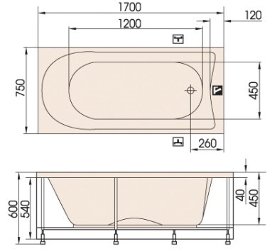 Ванна акриловая PAA SONATA  1700 x 750 x 600 мм  (Латвия)- фото3