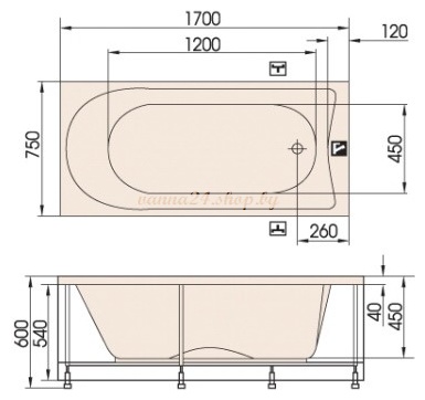 Ванна акриловая PAA SONATA  1700 x 750 x 600 мм  (Латвия)- фото3