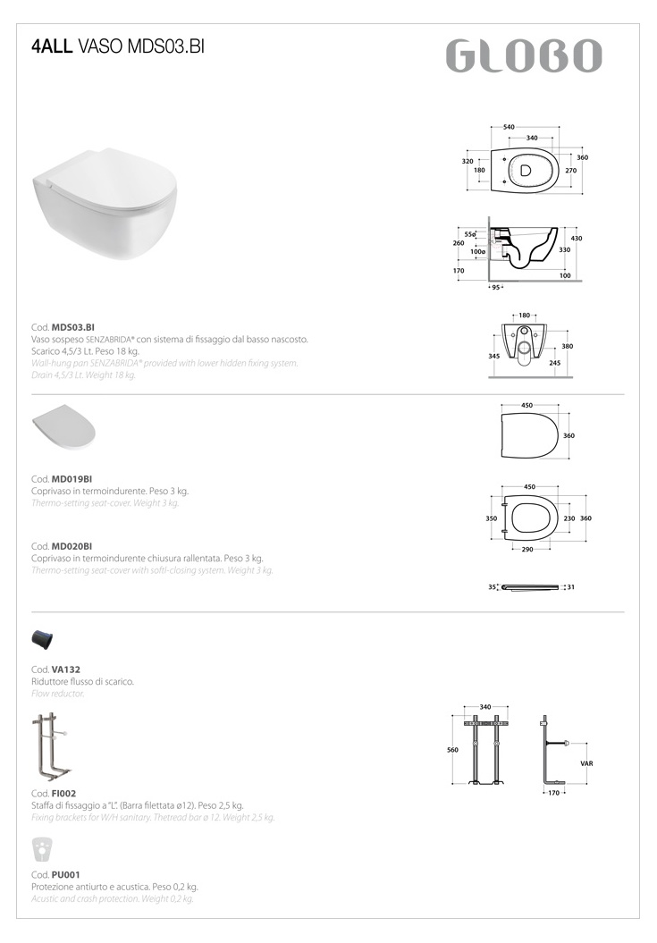 Унитаз подвесной 54x36 Globo 4ALL MDS03.BI Senzabrida® 