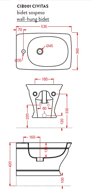 Artceram CIVITAS Биде подвесное 36х54 см, с 1 отв под смес, цвет белый - фото2