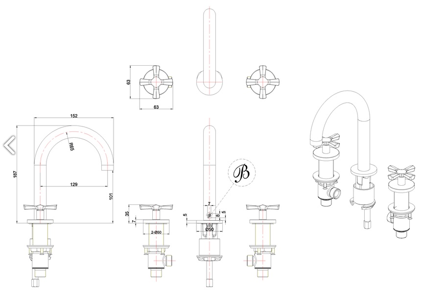 Смеситель для раковины на 3 отверстия Burlington Riviera RIV6 GOLD . золото- фото2