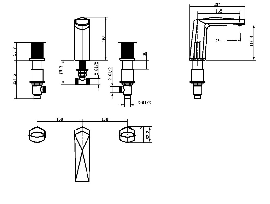 Смеситель врезной на 3отв. VENTURO Shine Gun Metall, ручка TOUCH- фото2