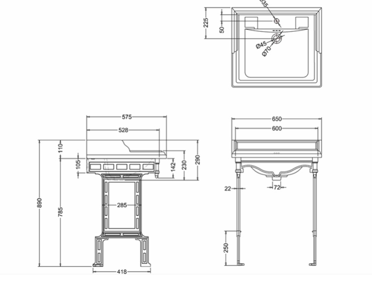 Классическая раковина Burlington Classic на 1,2,3 отверстия с подстольем цвета алюминий- фото3