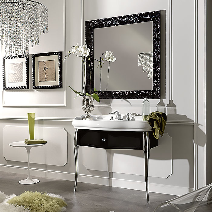 KERASAN Retro Комплект мебели 100 см, цвет: черный глянец, ножки: хром, ручки: кристалл/кольцо-хром