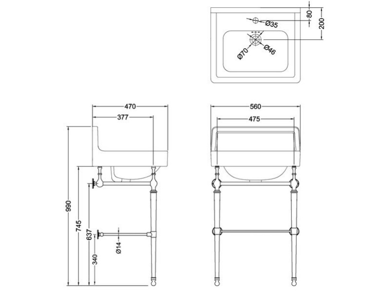Раковина 56 см Burlington Contemporary B1 UP 1TH+T22A BNKL с подстольем и полкой на 1 или 3 отверстия, цвет шлифованный никель- фото2