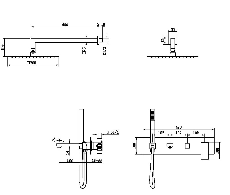 Смеситель встроенный + верхний+ ручной душ Boheme Qubic Chrome 474-CR- фото2