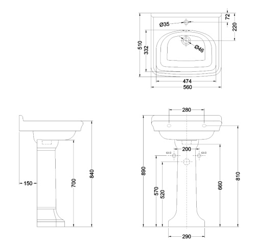 Раковина Burlington Guild 56 см на 1 и 3 отверстия с пьедесталом- фото2
