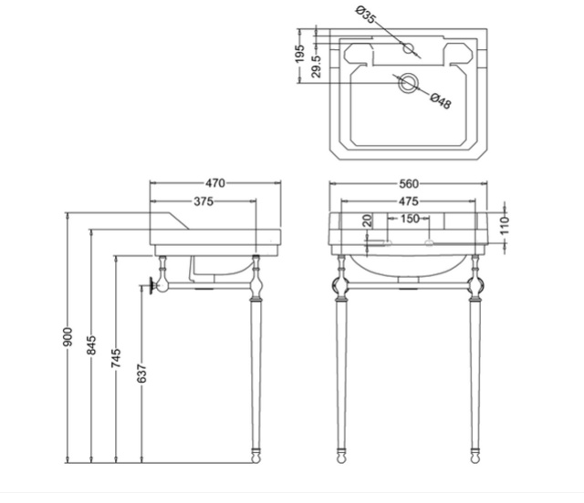 Раковина 56см Burlington Edwardian B4 1TH+T22A BNKL на 1 или 3 отверcтия с  подстольем Шлифованный никель- фото2
