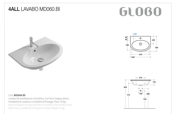 Раковина подвесная 60x45 Globo 4ALL MD60.BI 