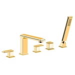 Gessi Eleganza Смеситель для ванны на 5 отверстий, с переключателем, изливом и ручным душем, цвет: золото- фото