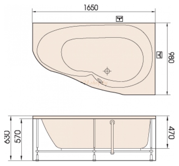 Ванна акриловая PAA MAMBO 1650 x 980 x 630 мм (Латвия)- фото2