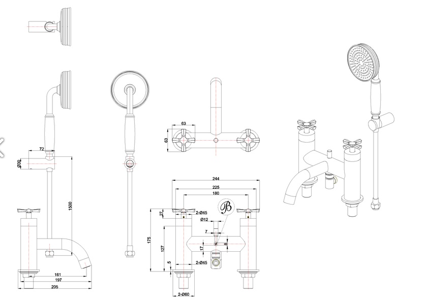 Смеситель напольный для ванны с душ набором Burlington Riviera RIV4 CHR+RIV5 CHR . хром- фото2