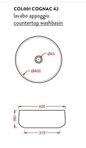 ArtCeram COGNAC Раковина накладная , 42 см, без отв под смеситель, без слив-перелива, цвет nero germania- фото3