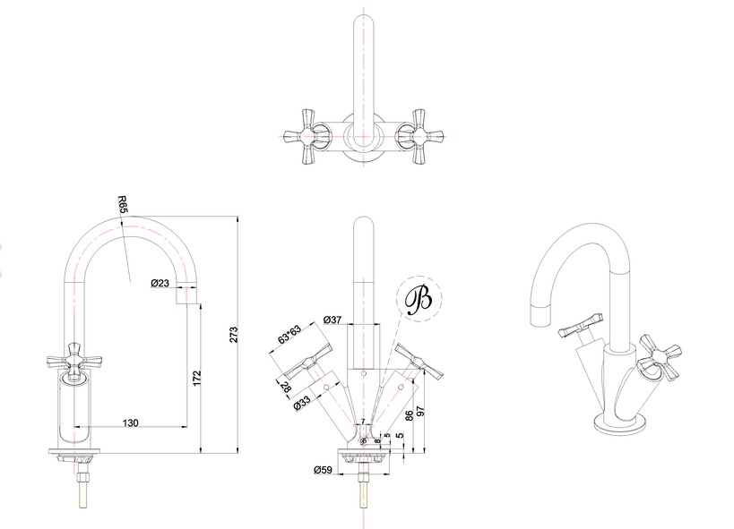 Смеситель для раковины на 1 отверстие Burlington Riviera RIV8 GOLD. золото- фото2