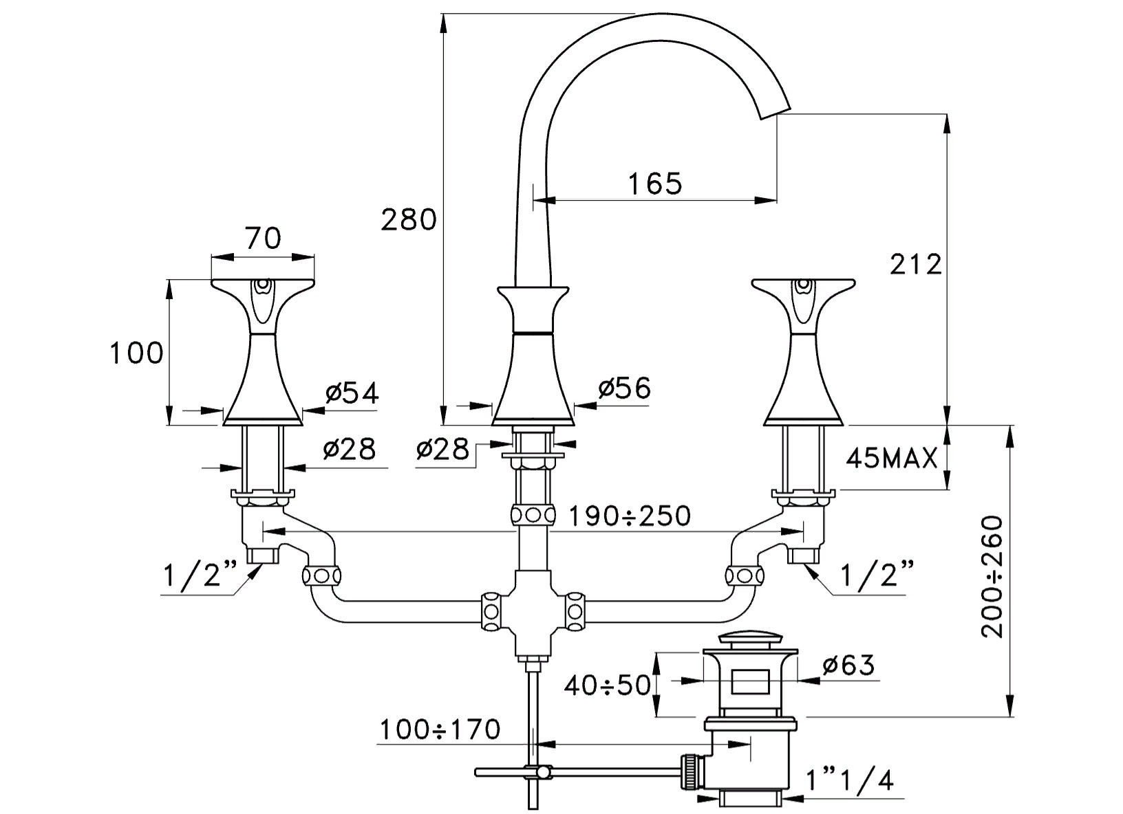 Stella 130 Смеситель для раковины на 3 отверстия 3225, с донным клапаном, цвет: хром