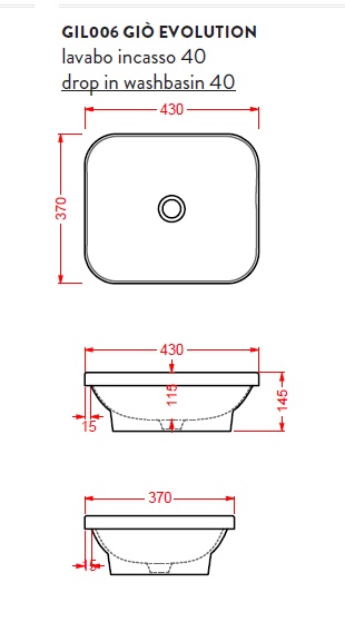Artceram Gio Evolution Раковина встраиваемая на столешницу 40х37 см, без отв под смеситель, цвет белый- фото2