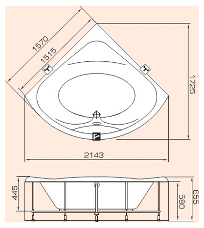 Ванна акриловая PAA RUMBA 1570 x 1570 x 655 мм (Латвия)- фото2