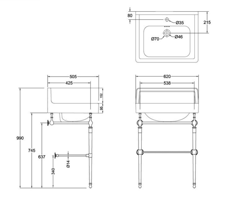 Раковина 62 см Burlington Contemporary B2 UP 1TH+T23A BNKL+T23A-S BNKL с подстольем и полкой на 1 или 3 отверстия, цвет шлифованный никель- фото2