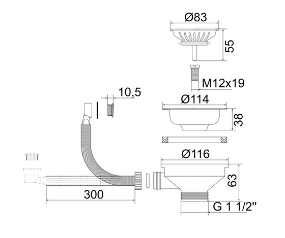СЛИВ ДЛЯ КУХОННОЙ МОЙКИ С КРЫШКОЙ И ПЕРЕЛИВОМ D-90СМ ML.RIC-10.132- фото2
