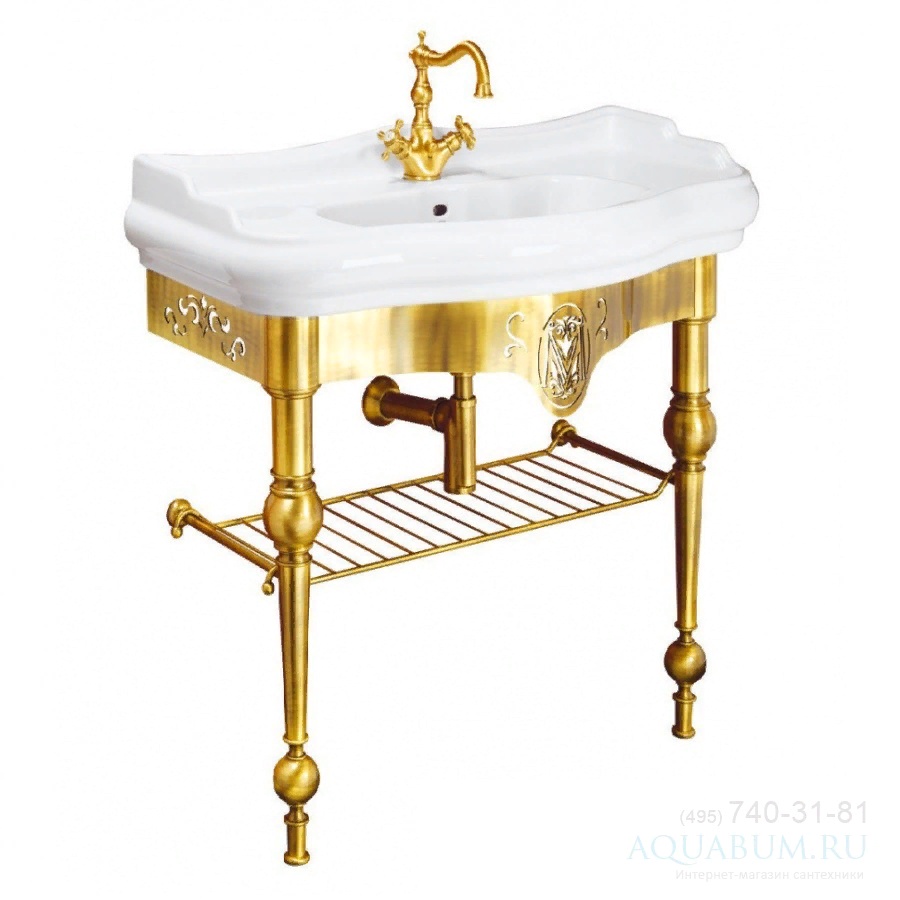 BELLA РАКОВИНА КОНСОЛЬ 73 СМ НАПОЛЬНАЯ С РЕШЕТКОЙ, БЕЛАЯ КЕРАМИКА бронза- фото